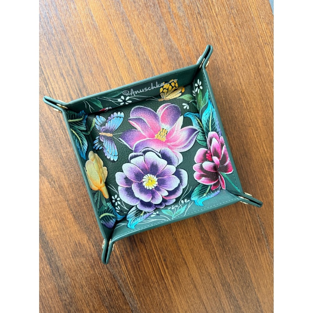 RARE Anuschka Hand Painted Leather Small Catch All Tray Vintage Bouquet Valet